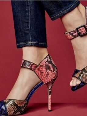 Vince Camuto Pink and Blue Snake-Print Stiletto Sandals